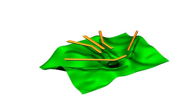 Artistic illustration of the potential landscape defined by voltages applied to nanostructures in order to trap single electrons in a quantum dot.