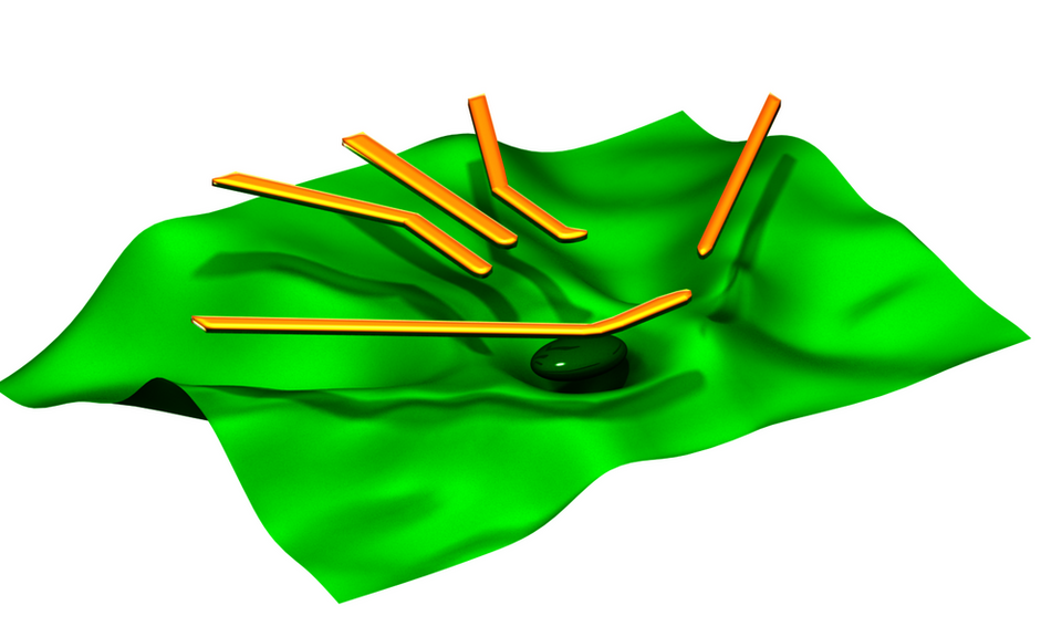 Artistic illustration of the potential landscape defined by voltages applied to nanostructures in order to trap single electrons in a quantum dot.